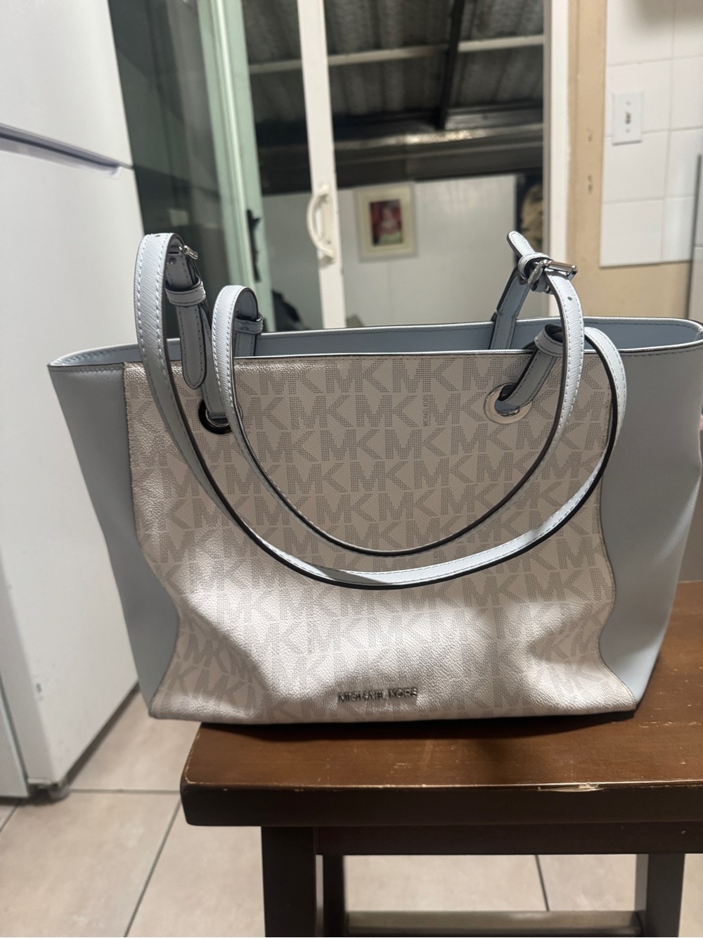 Michael Kors Silver and Light Gray MK Logo Tote
